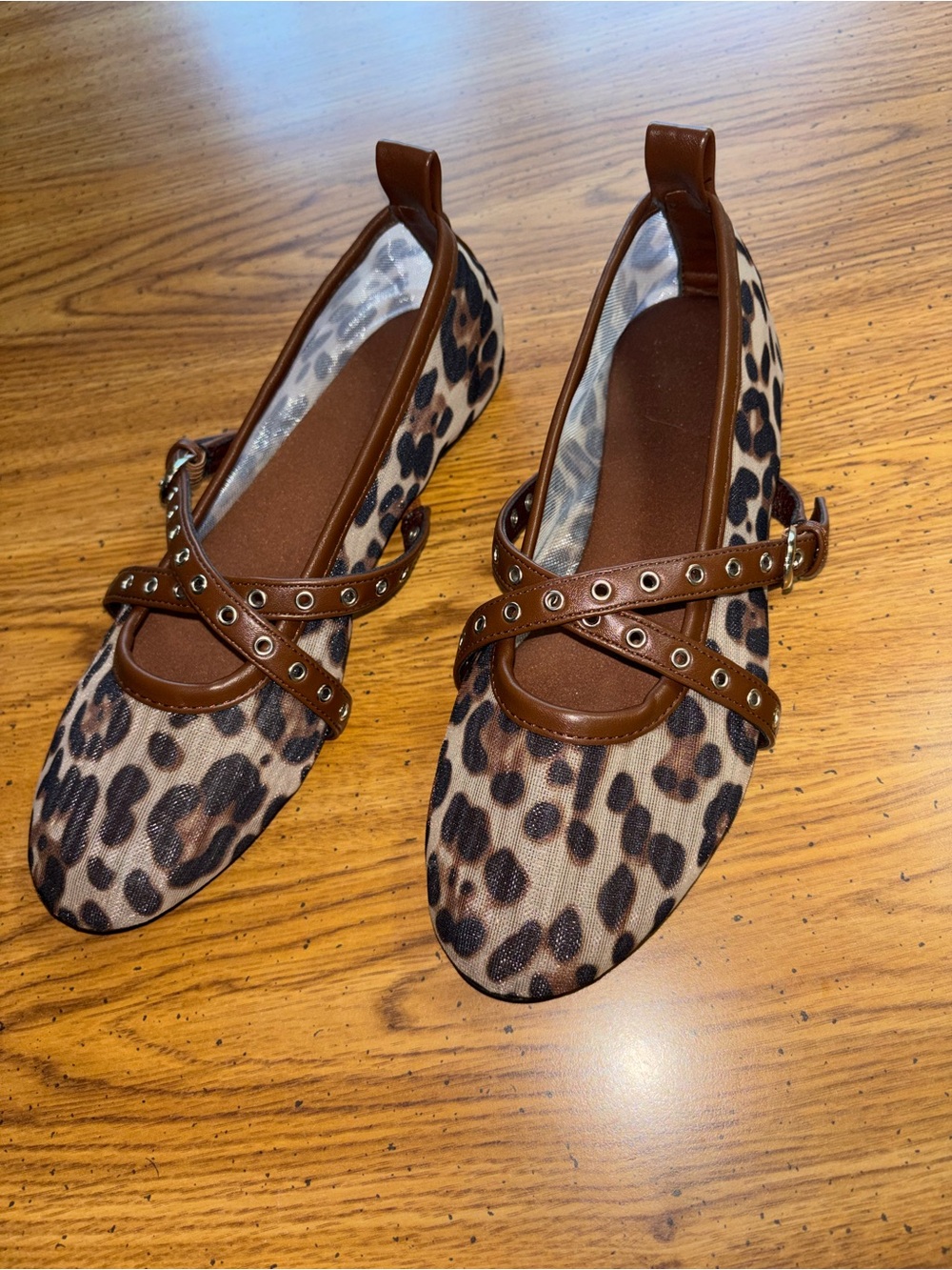 Leopard Print Mary Jane Flats with Brown Straps